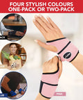 Copper Lined Wrist Support For Carpal Tunnel Arthritis And Tendonitis, No Slip Fit, pink wrist brace with hand model