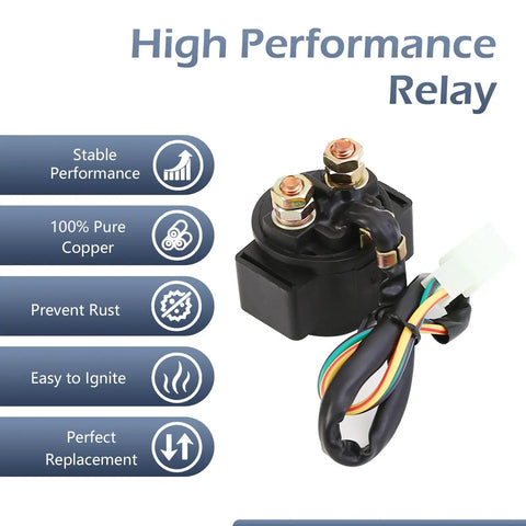 Plug And Play 12V Starter Relay For Four Wheel Scooters Go Karts And Motocross Heavy Duty Solenoid Switch showing copper contacts and wiring.