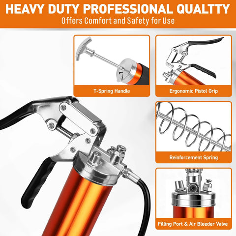 Grease gun kit with orange barrel, 18-piece heavy-duty set including two 11-inch hoses, by Amazon