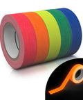 Glow In The Dark Tape Kit Sixteen Point Four Feet Per Roll Five Pack Neon Gaffer Tape in assorted colors and glowing roll.