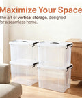 Heavy Duty 90 Quart Clear Storage Bins With Lids Six Pack See Through Stackable Containers For Closet Garage Pantry Organization Zero Fuss Game Changer To Toss Household Clutter Once And For All, arranged vertically.