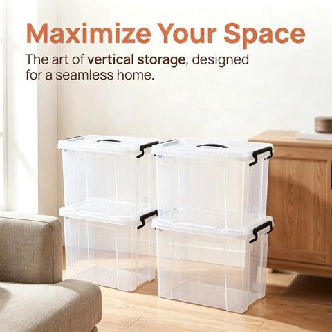 Heavy Duty 90 Quart Clear Storage Bins With Lids Six Pack See Through Stackable Containers For Closet Garage Pantry Organization Zero Fuss Game Changer To Toss Household Clutter Once And For All, arranged vertically.