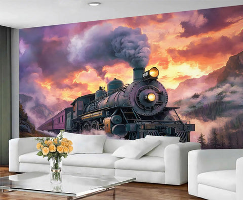 Train Mural Wallpaper for Bedroom and Living Room Steam Locomotive 3D Wall Murals Not Peel and Stick Durable Fabric Backdrop