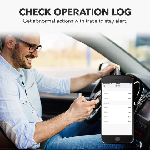 Man in car using app on phone to control Smart WiFi Garage Door Opener With Remote Control, Alexa And Google Home Ready, No Hub Needed