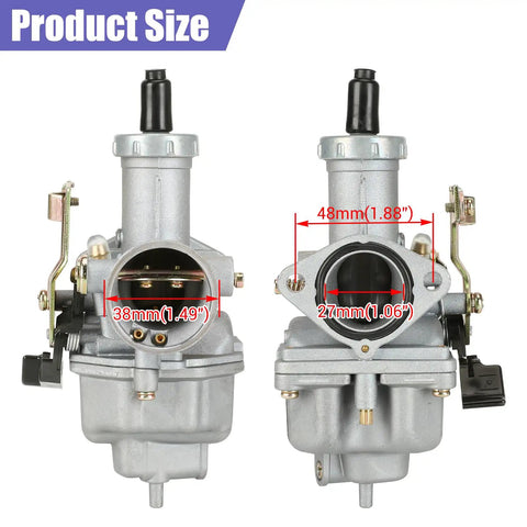 PZ27 Carburetor Kit for 125cc 150cc 200cc 250cc 4 Stroke Engines Bolt On With Throttle Cable Assembly facing front with size dimensions