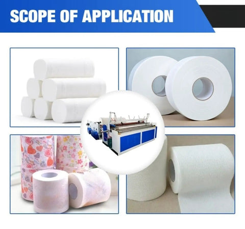 Rock Solid Mini Toilet Paper Making Machine With No Sweat Automatic Rewind Emboss Cutting Setup For Heavy Duty Small Batch Tissue Production Runs Now showing tissue rolls and production machine.