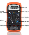 Vpro850L Digital Multimeter DC AC Voltmeter Ohm Volt Amp Tester with labels showing LCD, buttons, and jacks, backlit display visible