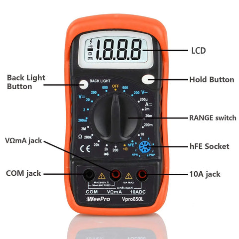 Vpro850L Digital Multimeter DC AC Voltmeter Ohm Volt Amp Tester with labels showing LCD, buttons, and jacks, backlit display visible