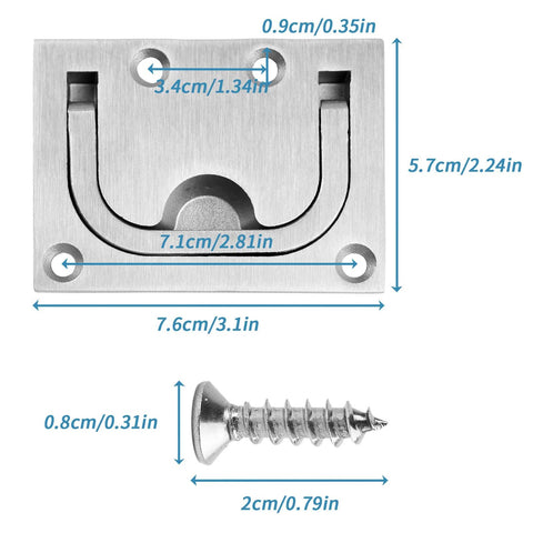 Stainless Steel Hatch Pull Flush Lift Ring For Boat Deck Hatches, with screws and measurements, solid recessed design, saltwater resistant.