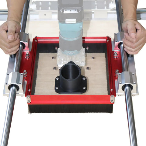 Heavy Duty Router Sled Slide Connector With Killer Dust Control For 20mm Linear Rails And Sbr20uu Scs20uu Slides, showing connector mounted on sled.
