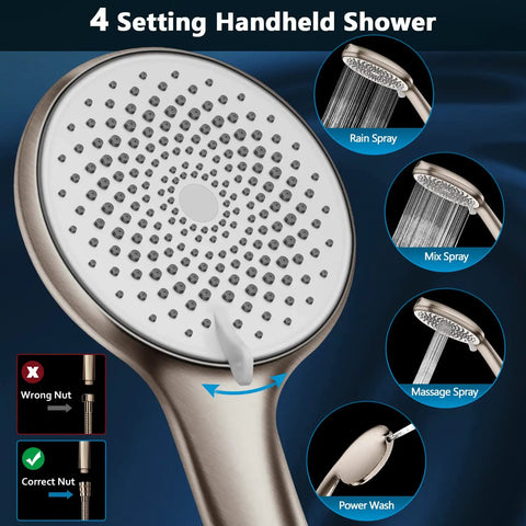 4 setting handheld sprayer from 12 Inch Rainfall Shower Head Combo In Dope Brushed Nickel Finish High Pressure Shower Head
