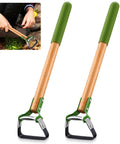 2 Pcs Mini Garden Hoes For Weeding Long Stirrup Tools Scuffle Hoe Set With Wood Handles in close-up, showing green handles