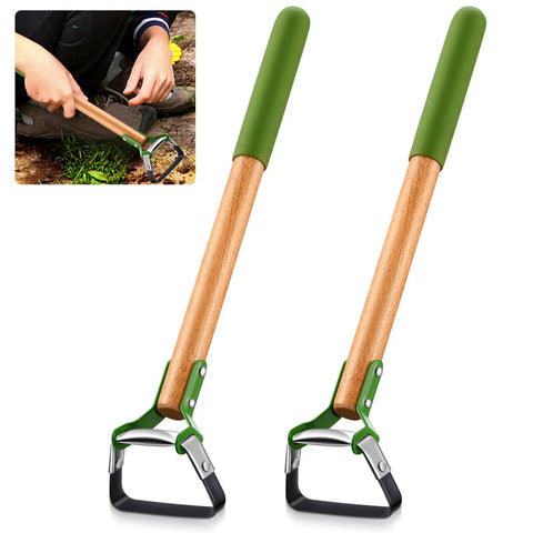 2 Pcs Mini Garden Hoes For Weeding Long Stirrup Tools Scuffle Hoe Set With Wood Handles in close-up, showing green handles