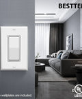 Single Pole Decorator Light Switch with Wall Plate, 15A 120/277V, white glossy finish, installed in a modern living room, UL certified.
