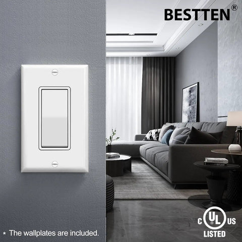 20 Pack Single Pole Decorator Wall Switch With Wall Plate 15A 120 To 277V On Off Rocker Paddle Interrupter UL Listed installed in living room