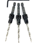 Wicked Sharp 45 Degree Size 8 Wood Countersink Drill Bit Set Three Piece Carbon Steel Hex Wrench for precise drilling.