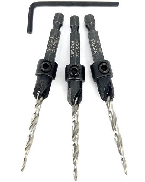 Wicked Sharp 45 Degree Size 8 Wood Countersink Drill Bit Set Three Piece Carbon Steel Hex Wrench for precise drilling.