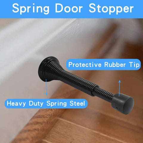 Side view of Black Wall Mount Spring Door Stop with Rubber Bumper; Two Pack Rock Solid Heavy Duty Spring Door Stops With Flexible Adjustable Range From Three And One Sixteenth Inches To Four And Eleven Sixteenths Inches Black Wall Mount Door Stops With Rubber Bumper.