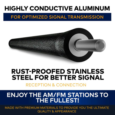Close-up of 6.5 Inch Antenna Mast Replacement For RAM Trucks Black Heavy Duty Car Wash Proof HD Radio Antenna Mast For FM AM Easy Install And Durable Fits 2009 2026 Dodge RAM 1500 Series Accessories For Men And Women showcasing aluminum and rust-proof steel design.