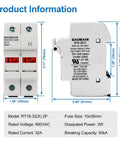 RT18-32 Two Pole Fuse Holder Base With 10x38mm 20A Ceramic Fuses, DIN Rail Mount, shown with dimensions and labels