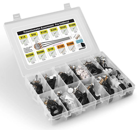 Potentiometer Assortment Pre Wired Potentiometers With Knobs Dust Seals And 3 Pin 0.1 Inch Connectors 48 Pieces Including B1K B5K