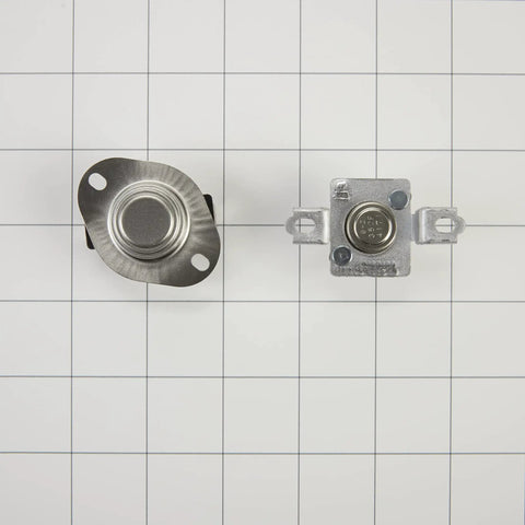 Dryer Thermostat Replacement 279973 OEM Part, Easy Install, shown with front and back views on grid background.
