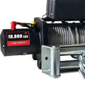Rugged Electric Steel Cable Winch With 5.7HP High Power Motor For Heavy Duty Towing And 18800lbs Capacity, showing winch motor and cable.