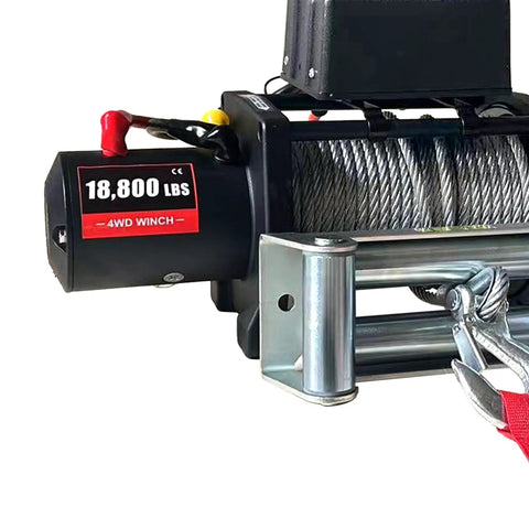 Rugged Electric Steel Cable Winch With 5.7HP High Power Motor For Heavy Duty Towing And 18800lbs Capacity, showing winch motor and cable.