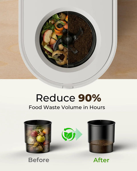 OK-255 Electric Kitchen Composter Turns Food Scraps Into Fertilizer, showing pre and post-composting volumes