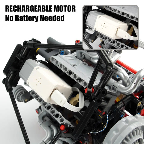 Rechargeable motor in V8 Engine Model Kit With 8 Cylinder Visible Engine, LED Lights, Motor, And App Control, close-up view.