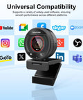 Straight Fire 4K Webcam For PC With Smooth PDAF Autofocus And Built In Mic That Slaps Nailing Ultra HD Live Streams on a mount with logos of various software.