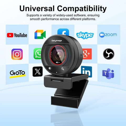 Straight Fire 4K Webcam For PC With Smooth PDAF Autofocus And Built In Mic That Slaps Nailing Ultra HD Live Streams on a mount with logos of various software.