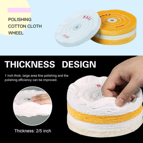 4 Pack 6 Inch Buffing Wheels Set For Bench Grinder Polisher With 2 Yellow 50 Ply Cotton Wheels for cutting, close-up view