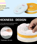 Hand holding Six Pack 4 Inch White Cotton Buffing Wheels, 50 Ply, 1/2 Inch Arbor, showing thickness and design details