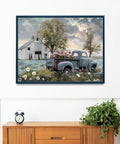 Blue Antique Pickup Truck Canvas Wall Art With Floral Accents For Farmhouse Decor, Spring Country Farm Pictures Wall Art, 12x16