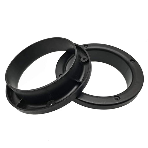 Two black plastic flanges for ducting or piping systems arranged in a stack, showing screw holes and smooth finish.