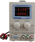 Front view of Variable DC Power Supply Bench Unit 0 To 30 Volts And 0 To 5 Amps With CV And CC Modes Alligator Test Leads Included