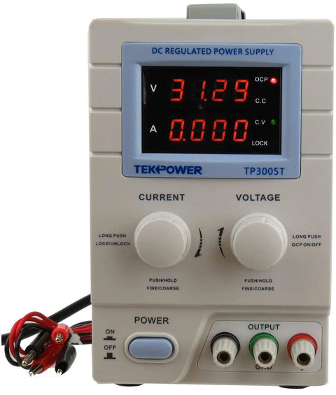Front view of Variable DC Power Supply Bench Unit 0 To 30 Volts And 0 To 5 Amps With CV And CC Modes Alligator Test Leads Included