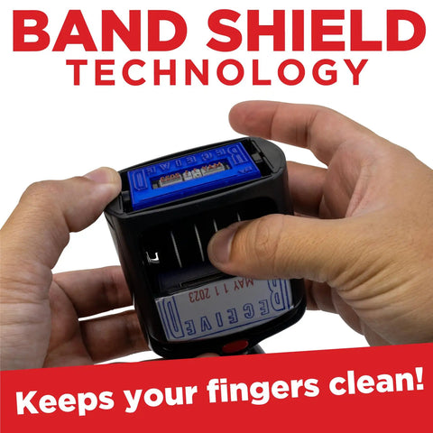 Self Inking Date Stamp With Received Phrase Built As A Slick Reliable Workhorse For Busy Clutter Free Desks featuring clean shield finger guard and visible mechanics.