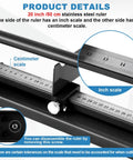 Close-up of Manual DIN Rail Cutter With Anti Slip Handle And 50cm Ruler For Pro Grade DIY Friendly Precise Cutting of 35mm Wide Steel or Aluminum DIN Rails, showing inch and centimeter scale.