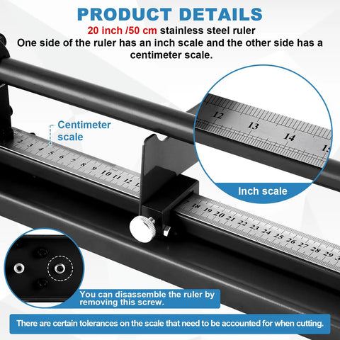 Close-up of Manual DIN Rail Cutter With Anti Slip Handle And 50cm Ruler For Pro Grade DIY Friendly Precise Cutting of 35mm Wide Steel or Aluminum DIN Rails, showing inch and centimeter scale.