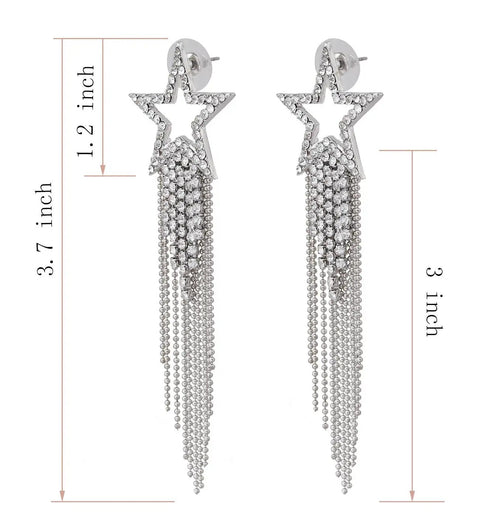 Silver Tassel Earrings With Hollow Star Stud And Pave Crystal Dangle Double Layer Beaded Fringe Boho Waterfall Drop Earrings For Everyday Shine Great For Day To Night Wear And Boho Chic Styling, 3.7 inch