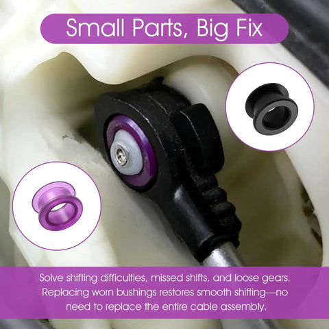 Close-up of shift linkage bushing and clip kit for Toyota Jeep Chevrolet Saturn Pontiac, labeled 'Small Parts, Big Fix'