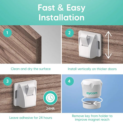 Magnetic Cabinet Locks For Babies No Drilling No Screws 10 Pack With 2 Keys Easy Install steps illustration