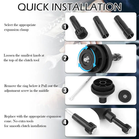 Sick Car Clutch Alignment Tool Kit With Dual Expansion Clamps for quick clutch installation steps and parts overview.
