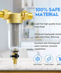 50 Micron Spin Down Sediment Filter For Whole House And Well Water Reusable Washing Machine Water Filter BPA Free Pre Filter Keeps Pipes And Appliances Clear And Running Smooth, lead-free brass valve head.