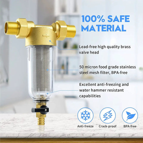 50 Micron Spin Down Sediment Filter For Whole House And Well Water Reusable Washing Machine Water Filter BPA Free Pre Filter Keeps Pipes And Appliances Clear And Running Smooth, lead-free brass valve head.
