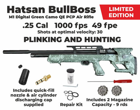 Beefy BullBoss QE Limited Edition .25 Cal PCP Air Rifle With Side Lever 1000 FPS 49 FPE camo design with accessories displayed