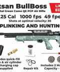 BullBoss.25 Cal PCP Air Rifle Limited Edition With Side Lever, 1000 FPS And 49 FPE displayed with accessories on white background