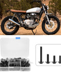 Aluminum Motorcycle Screw Kit 177 Piece Set M5 M6 Fairing Fasteners with black screws next to a sportbike